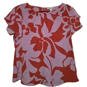 NINE WEST Floral Blouse Women's XL Top Tulip Sleeve Pink Red Gathered Crewneck